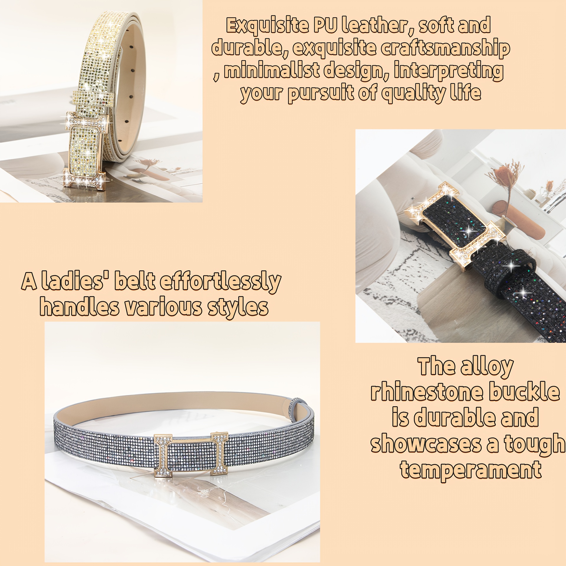 Women's Rhinestone PU Belt Glamorous Waist Cinch for Jeans & Pants